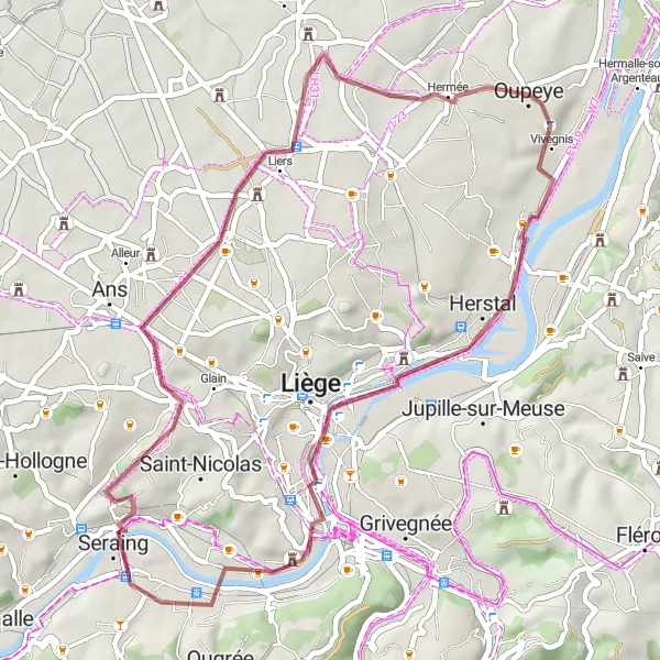Karten-Miniaturansicht der Radinspiration "Entspannte Gravelwege und historische Schlösser" in Prov. Liège, Belgium. Erstellt vom Tarmacs.app-Routenplaner für Radtouren