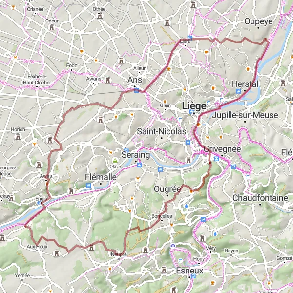 Karten-Miniaturansicht der Radinspiration "Schlösser und Sehenswürdigkeiten entlang des Weges" in Prov. Liège, Belgium. Erstellt vom Tarmacs.app-Routenplaner für Radtouren