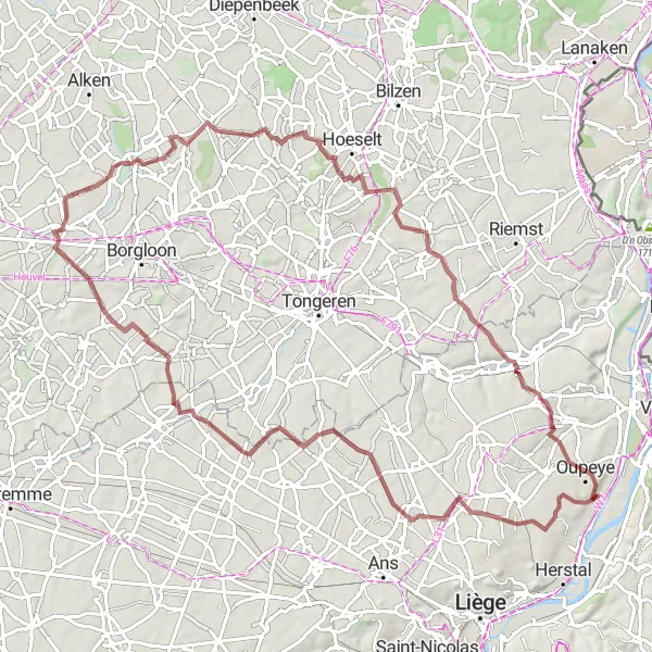 Map miniature of "Gravel Cycling Route from Vivegnis to Oupeye" cycling inspiration in Prov. Liège, Belgium. Generated by Tarmacs.app cycling route planner