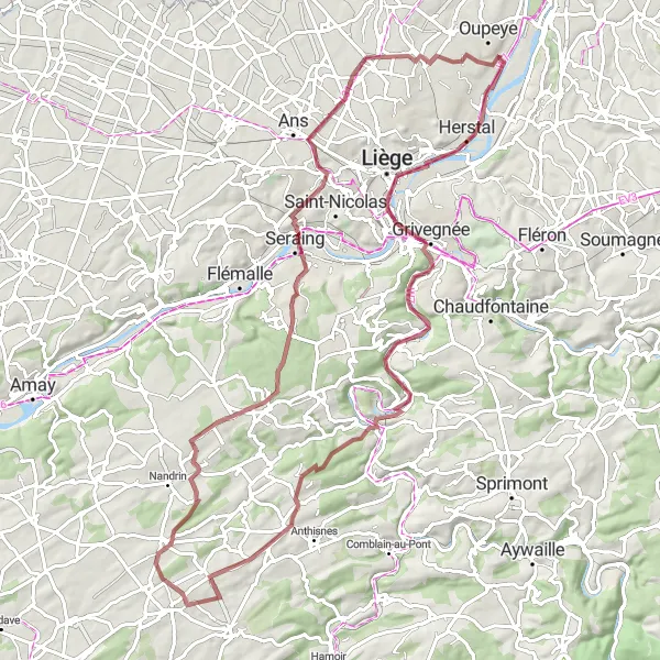 Map miniature of "Gravel Cycling Route from Vivegnis to Château Cockerill" cycling inspiration in Prov. Liège, Belgium. Generated by Tarmacs.app cycling route planner