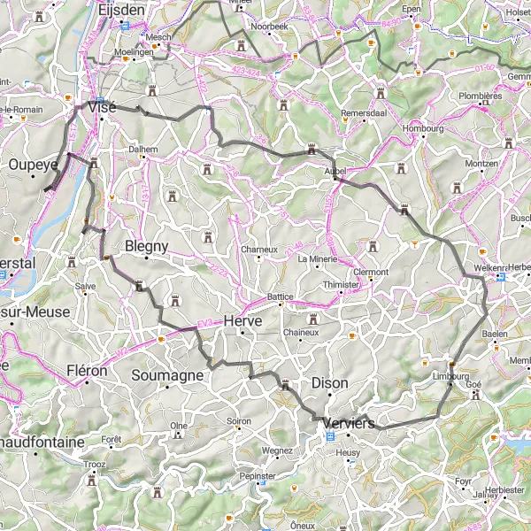 Map miniature of "Bombaye and Château Poswick" cycling inspiration in Prov. Liège, Belgium. Generated by Tarmacs.app cycling route planner