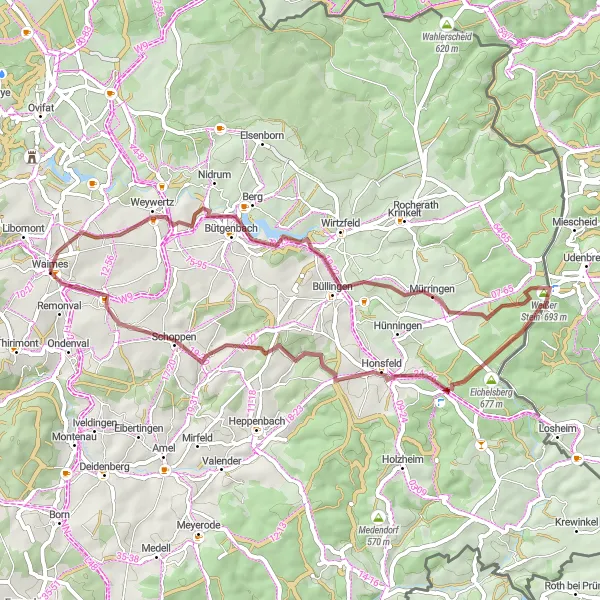 Miniature de la carte de l'inspiration cycliste "Itinéraire gravel à travers les environs de Waimes" dans la Prov. Liège, Belgium. Générée par le planificateur d'itinéraire cycliste Tarmacs.app