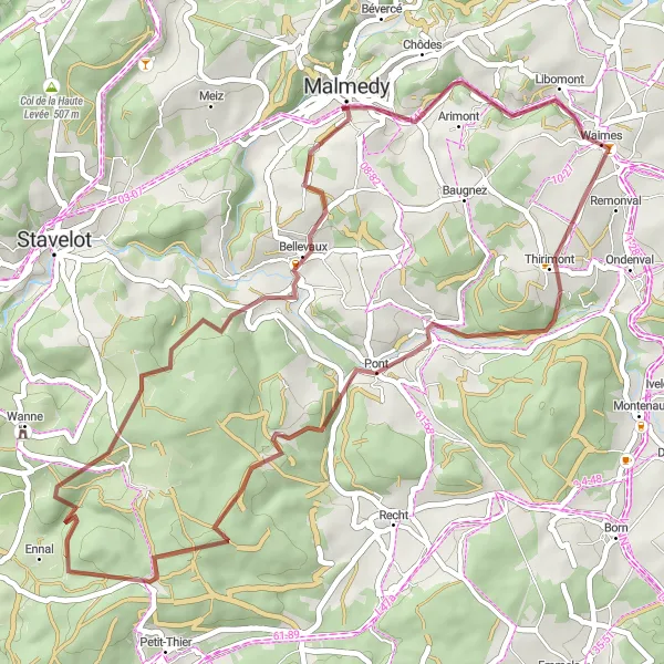 Miniatuurkaart van de fietsinspiratie "Avontuurlijke grindroute rond Waimes" in Prov. Liège, Belgium. Gemaakt door de Tarmacs.app fietsrouteplanner