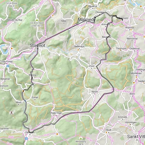 Map miniature of "Exploring Baugnez and Rocher de Hourt" cycling inspiration in Prov. Liège, Belgium. Generated by Tarmacs.app cycling route planner