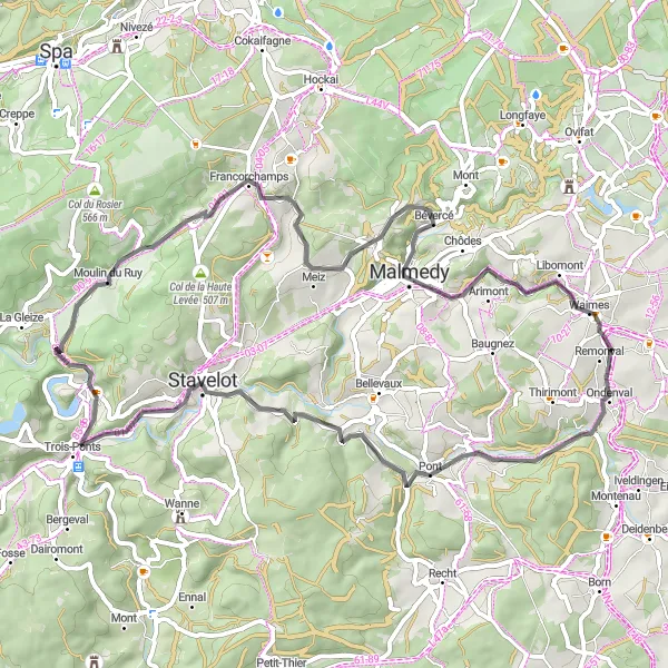 Miniatuurkaart van de fietsinspiratie "Wegroutes rond Waimes" in Prov. Liège, Belgium. Gemaakt door de Tarmacs.app fietsrouteplanner