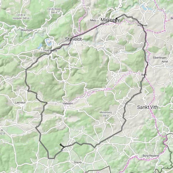 Karten-Miniaturansicht der Radinspiration "Herausfordernde Straßenfahrt durch die Ardennen" in Prov. Liège, Belgium. Erstellt vom Tarmacs.app-Routenplaner für Radtouren