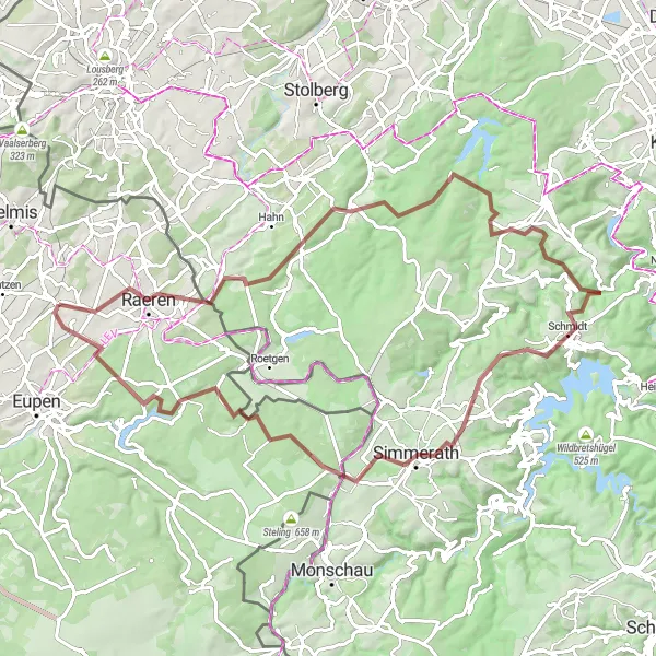 Miniature de la carte de l'inspiration cycliste "Gravelle de Raeren à Simmerath" dans la Prov. Liège, Belgium. Générée par le planificateur d'itinéraire cycliste Tarmacs.app