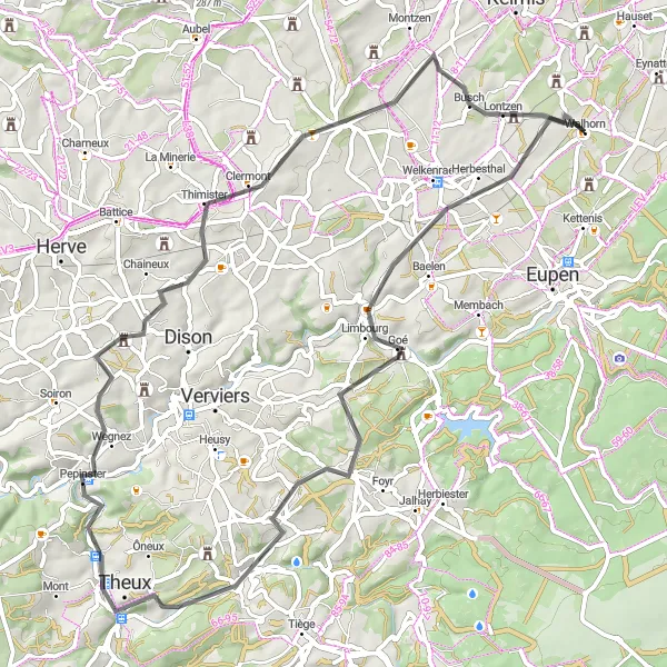 Miniature de la carte de l'inspiration cycliste "Les villages pittoresques autour de Walhorn" dans la Prov. Liège, Belgium. Générée par le planificateur d'itinéraire cycliste Tarmacs.app