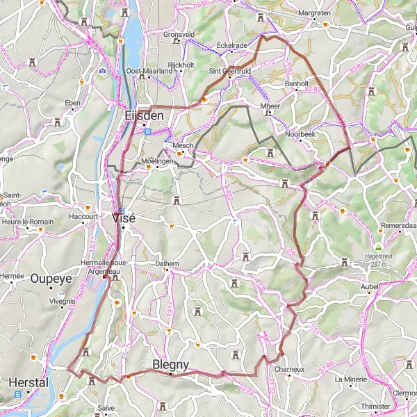 Map miniature of "Laag-Caestert to Barchon Gravel Cycling Route" cycling inspiration in Prov. Liège, Belgium. Generated by Tarmacs.app cycling route planner