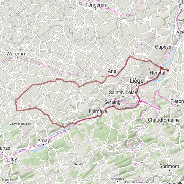 Map miniature of "Château Rouge to Xhavée Gravel Cycling Route" cycling inspiration in Prov. Liège, Belgium. Generated by Tarmacs.app cycling route planner