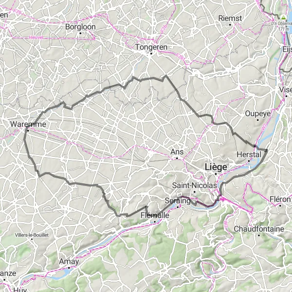 Map miniature of "Château Antoine to Liers (Juprelle) Road Cycling Route" cycling inspiration in Prov. Liège, Belgium. Generated by Tarmacs.app cycling route planner
