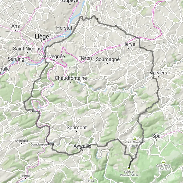 Karten-Miniaturansicht der Radinspiration "Herausfordernde Hügel von Liège" in Prov. Liège, Belgium. Erstellt vom Tarmacs.app-Routenplaner für Radtouren