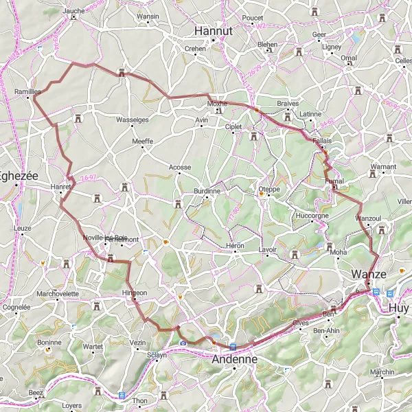 Map miniature of "Château Blanc and Hingeon Gravel Route" cycling inspiration in Prov. Liège, Belgium. Generated by Tarmacs.app cycling route planner