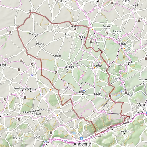 Map miniature of "The Château Coulon Gravel Experience" cycling inspiration in Prov. Liège, Belgium. Generated by Tarmacs.app cycling route planner