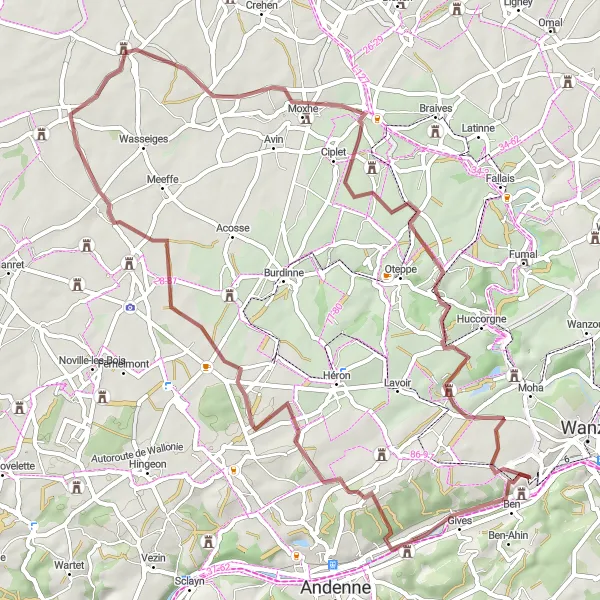 Miniatuurkaart van de fietsinspiratie "Gravelroute rond Wanze via kastelen en historische bezienswaardigheden" in Prov. Liège, Belgium. Gemaakt door de Tarmacs.app fietsrouteplanner