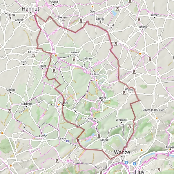 Map miniature of "Ancienne station vicinale d'Envoz and Vieux-Waleffe Gravel Route" cycling inspiration in Prov. Liège, Belgium. Generated by Tarmacs.app cycling route planner