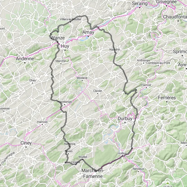 Miniature de la carte de l'inspiration cycliste "Les Châteaux de la Vallée de la Meuse" dans la Prov. Liège, Belgium. Générée par le planificateur d'itinéraire cycliste Tarmacs.app
