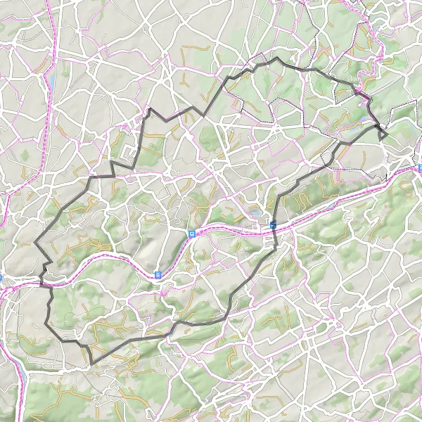 Miniature de la carte de l'inspiration cycliste "Tour des Grottes de Goyet" dans la Prov. Liège, Belgium. Générée par le planificateur d'itinéraire cycliste Tarmacs.app