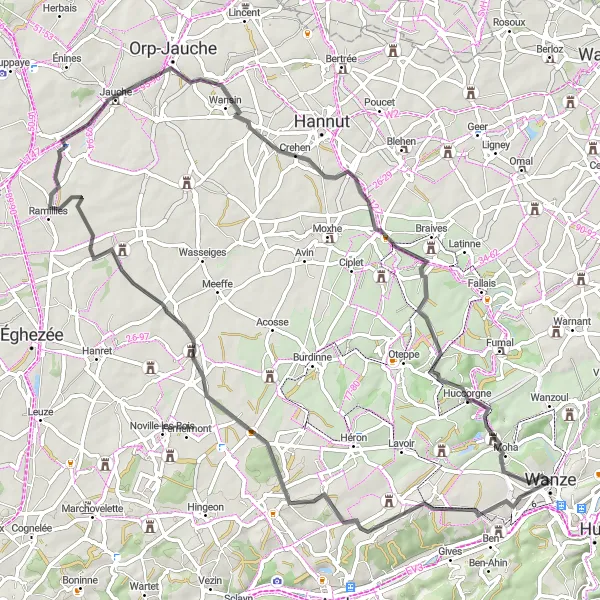 Miniature de la carte de l'inspiration cycliste "Les Châteaux de la Vallée de la Meuse" dans la Prov. Liège, Belgium. Générée par le planificateur d'itinéraire cycliste Tarmacs.app