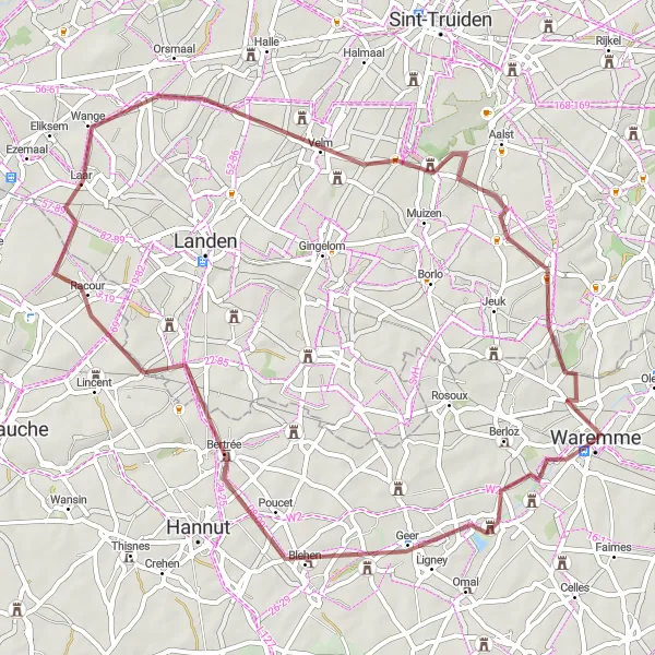 Karten-Miniaturansicht der Radinspiration "Gravel-Abenteuer um Waremme" in Prov. Liège, Belgium. Erstellt vom Tarmacs.app-Routenplaner für Radtouren