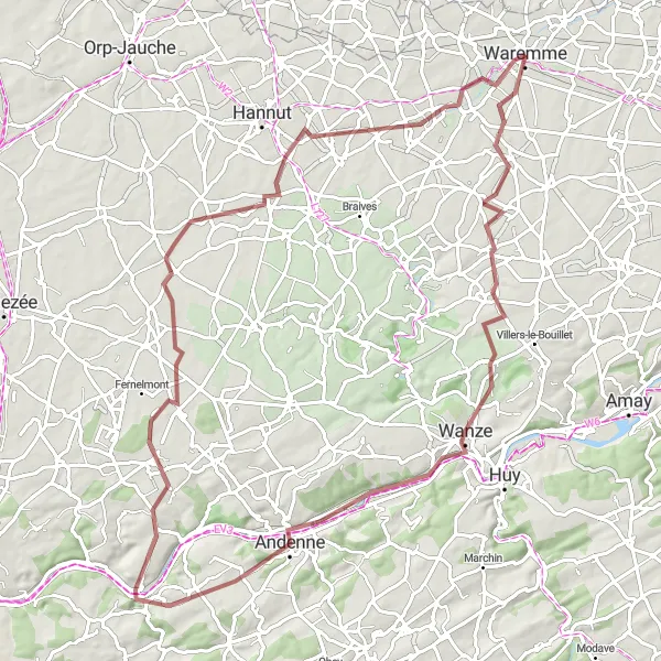 Map miniature of "Waremme to Geer Gravel Loop" cycling inspiration in Prov. Liège, Belgium. Generated by Tarmacs.app cycling route planner