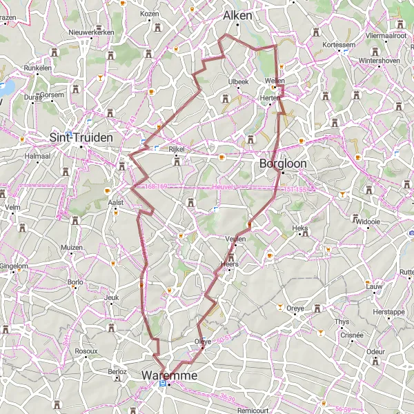 Map miniature of "Waremme to Oleye Gravel Loop" cycling inspiration in Prov. Liège, Belgium. Generated by Tarmacs.app cycling route planner