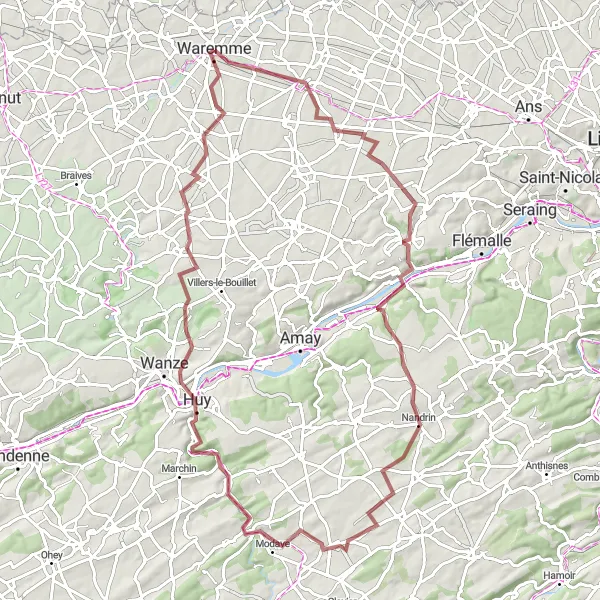 Map miniature of "Waremme to Faimes Gravel Loop" cycling inspiration in Prov. Liège, Belgium. Generated by Tarmacs.app cycling route planner