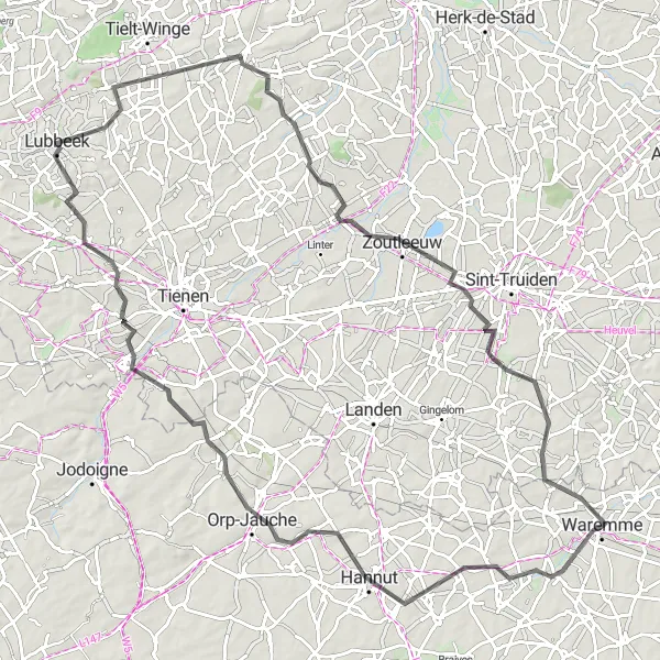 Miniature de la carte de l'inspiration cycliste "Parcours Route vers Zoutleeuw" dans la Prov. Liège, Belgium. Générée par le planificateur d'itinéraire cycliste Tarmacs.app