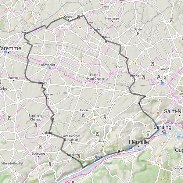 Miniatuurkaart van de fietsinspiratie "Oreye naar Bleret fietsroute" in Prov. Liège, Belgium. Gemaakt door de Tarmacs.app fietsrouteplanner