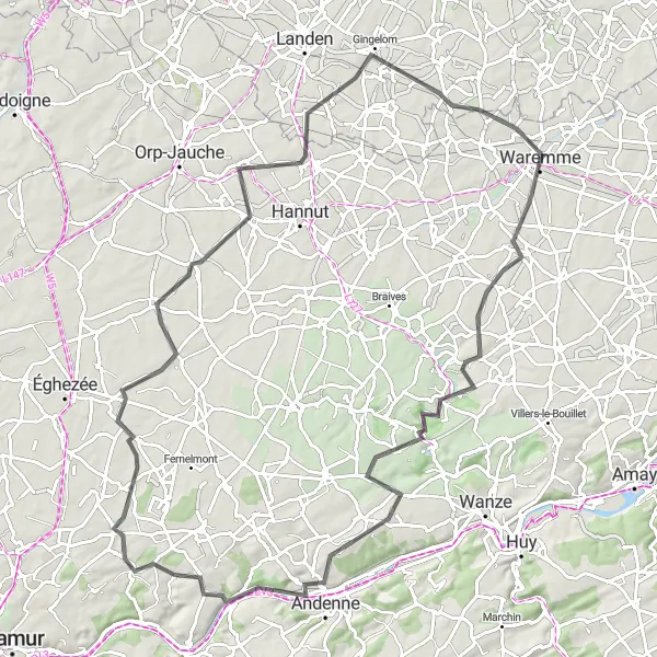 Map miniature of "Fumal and Gingelom Loop" cycling inspiration in Prov. Liège, Belgium. Generated by Tarmacs.app cycling route planner