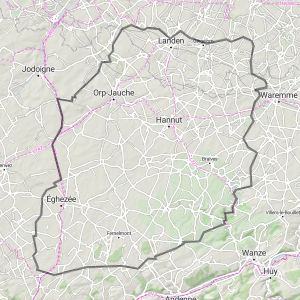 Karten-Miniaturansicht der Radinspiration "Rundtour von Waremme nach Landen und zurück" in Prov. Liège, Belgium. Erstellt vom Tarmacs.app-Routenplaner für Radtouren