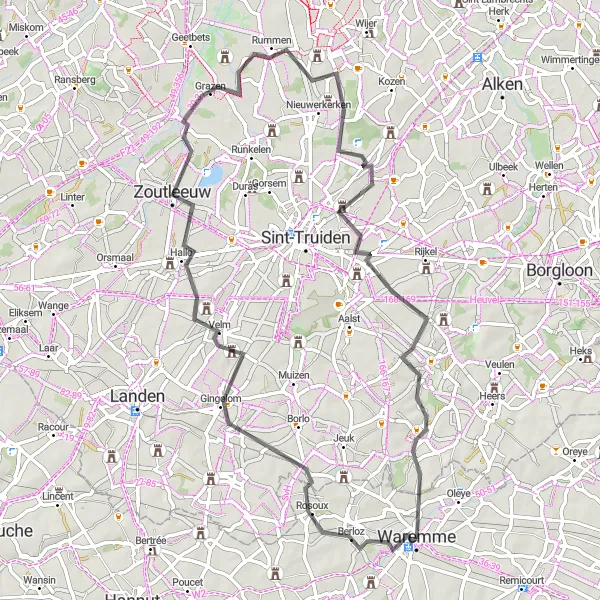 Map miniature of "Waremme and Mechelen-Bovelingen Loop" cycling inspiration in Prov. Liège, Belgium. Generated by Tarmacs.app cycling route planner