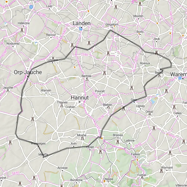 Karten-Miniaturansicht der Radinspiration "Rundtour durch Gingelom" in Prov. Liège, Belgium. Erstellt vom Tarmacs.app-Routenplaner für Radtouren