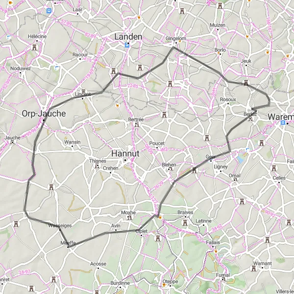 Map miniature of "Geer and Gingelom Adventure" cycling inspiration in Prov. Liège, Belgium. Generated by Tarmacs.app cycling route planner