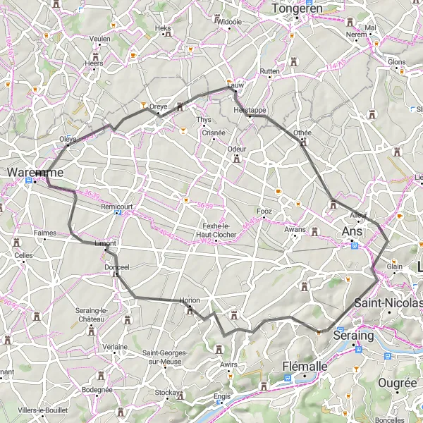 Miniatuurkaart van de fietsinspiratie "Waremme - Mons-lez-Liège - Waremme" in Prov. Liège, Belgium. Gemaakt door de Tarmacs.app fietsrouteplanner