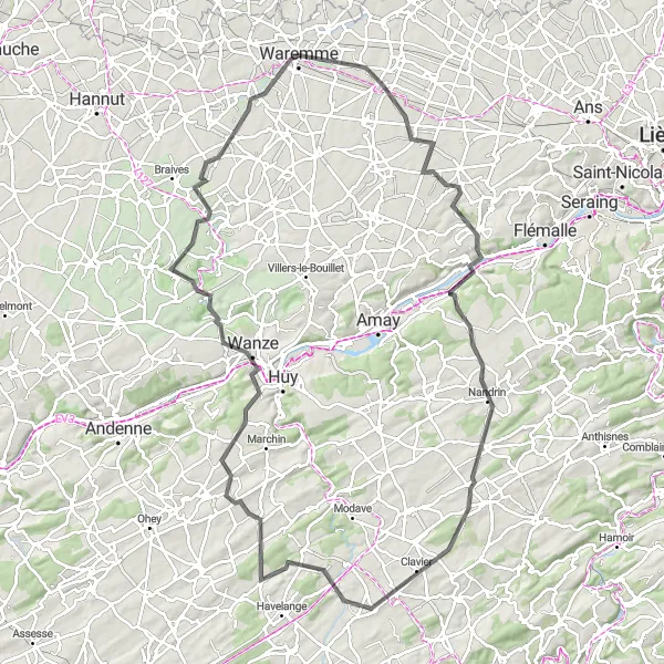 Karten-Miniaturansicht der Radinspiration "Straßentour von Waremme nach Omal" in Prov. Liège, Belgium. Erstellt vom Tarmacs.app-Routenplaner für Radtouren
