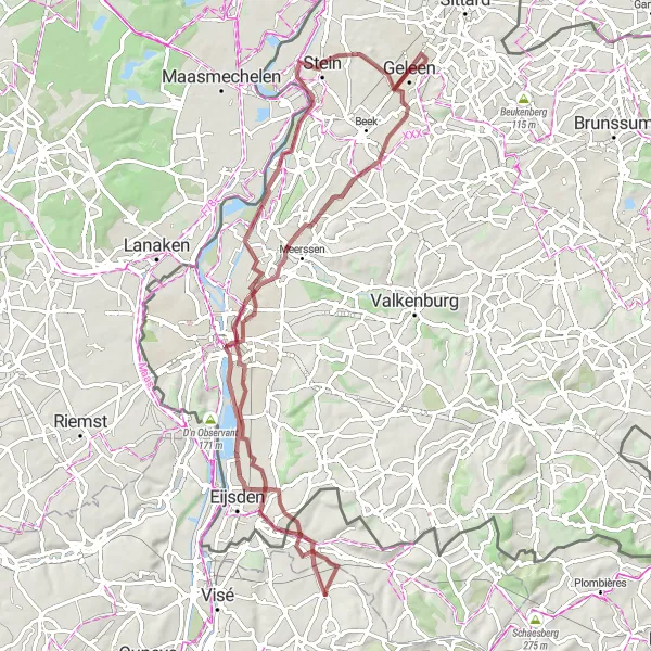 Miniatuurkaart van de fietsinspiratie "Graveltocht door 's-Gravenvoeren en Geulle aan de Maas" in Prov. Liège, Belgium. Gemaakt door de Tarmacs.app fietsrouteplanner