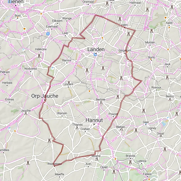 Map miniature of "The Gravel Journey to Orp-le-Petit" cycling inspiration in Prov. Liège, Belgium. Generated by Tarmacs.app cycling route planner