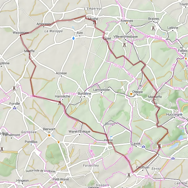 Map miniature of "Wasseiges-Ciplet-Château du Temple-Meeffe-Wasseiges" cycling inspiration in Prov. Liège, Belgium. Generated by Tarmacs.app cycling route planner