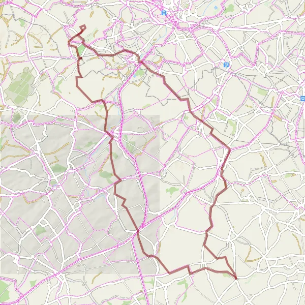 Map miniature of "Wasseiges-Ramillies-Jodoigne-L'Écluse-Meldert-Pilori d'Orp-le-Petit-Jandrenouille-Wasseiges" cycling inspiration in Prov. Liège, Belgium. Generated by Tarmacs.app cycling route planner