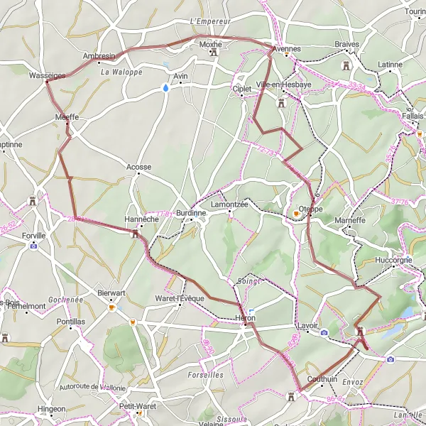 Miniature de la carte de l'inspiration cycliste "Boucle autour de Meeffe" dans la Prov. Liège, Belgium. Générée par le planificateur d'itinéraire cycliste Tarmacs.app