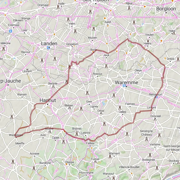 Map miniature of "The Gravel Adventure in Hesbaye" cycling inspiration in Prov. Liège, Belgium. Generated by Tarmacs.app cycling route planner