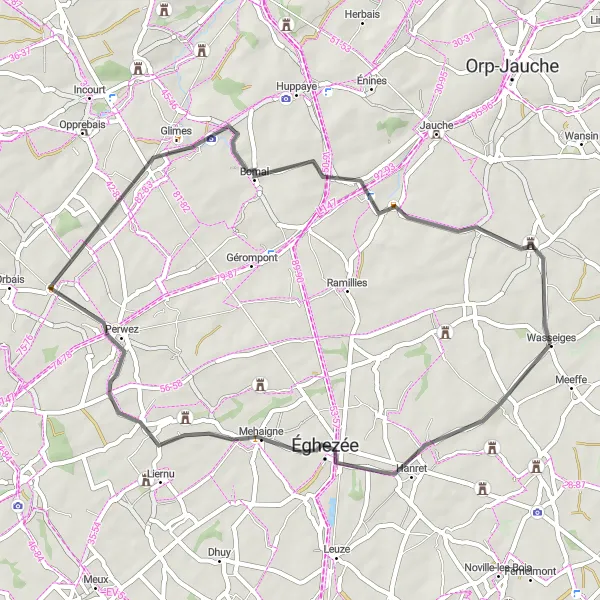 Map miniature of "Wasseiges-Mehaigne-Thorembais-Saint-Trond-Autre-Église-Merdorp-Wasseiges" cycling inspiration in Prov. Liège, Belgium. Generated by Tarmacs.app cycling route planner