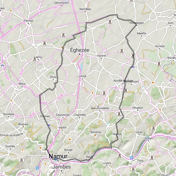 Map miniature of "Wasseiges-Forville-Marche-les-Dames-Point de vue du Feu de Bouge-Mehaigne-Branchon-Wasseiges" cycling inspiration in Prov. Liège, Belgium. Generated by Tarmacs.app cycling route planner