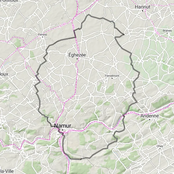 Map miniature of "The Hills and Castles Road Loop" cycling inspiration in Prov. Liège, Belgium. Generated by Tarmacs.app cycling route planner