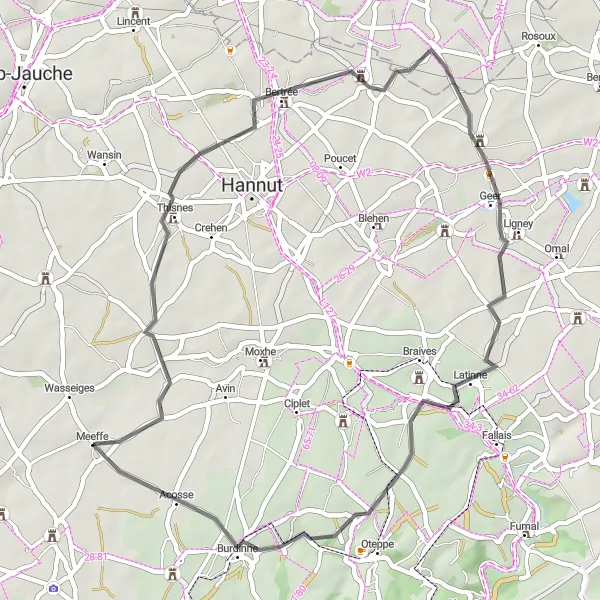 Miniature de la carte de l'inspiration cycliste "Boucle de Wasseiges à Meeffe" dans la Prov. Liège, Belgium. Générée par le planificateur d'itinéraire cycliste Tarmacs.app