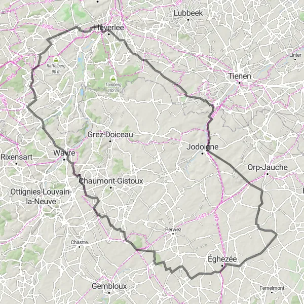 Map miniature of "The Challenging Road Loop in Brabant" cycling inspiration in Prov. Liège, Belgium. Generated by Tarmacs.app cycling route planner