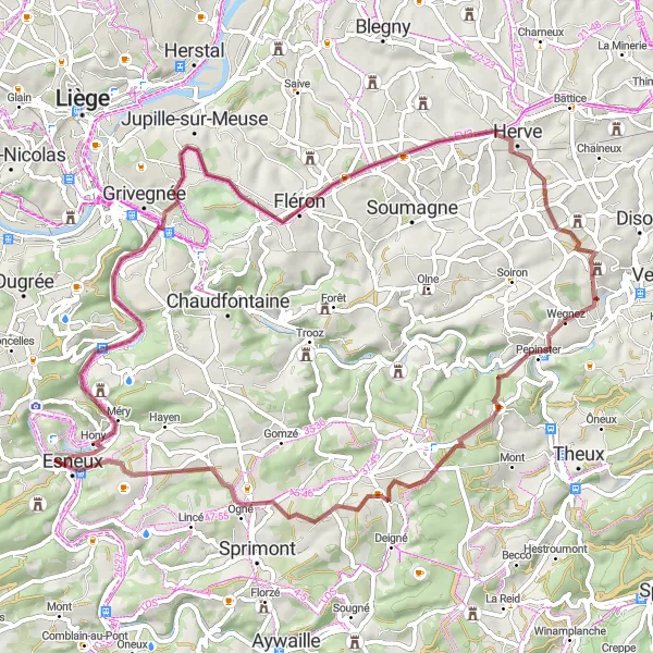 Map miniature of "Gravel Adventure" cycling inspiration in Prov. Liège, Belgium. Generated by Tarmacs.app cycling route planner