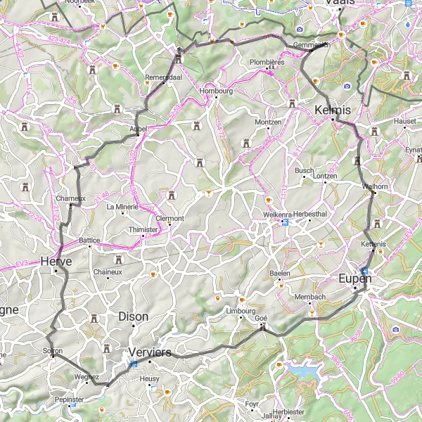 Miniatuurkaart van de fietsinspiratie "Wegnez - Aubel - Hèvremont" in Prov. Liège, Belgium. Gemaakt door de Tarmacs.app fietsrouteplanner