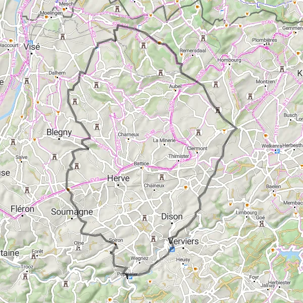 Map miniature of "Pepinster and Beyond" cycling inspiration in Prov. Liège, Belgium. Generated by Tarmacs.app cycling route planner